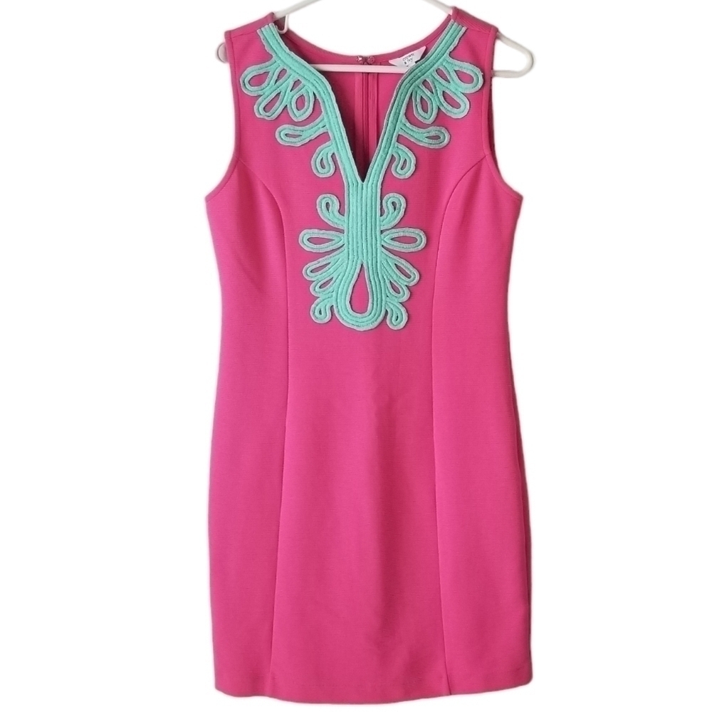 Crown & Ivy Hot Pink and Teal Embroidered V Neck Sleeveless Shift Dress Size S